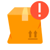 Box with orange tape and a red alert icon with an exclamation mark.