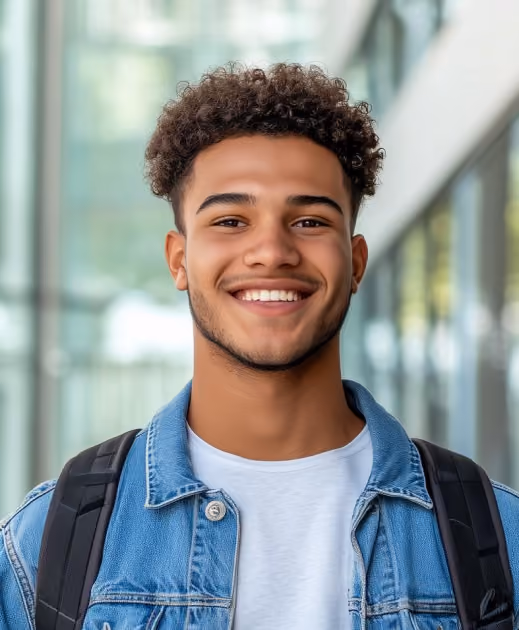 Smiling young man with curly hair wearing denim jacket and backpack in a modern indoor setting.